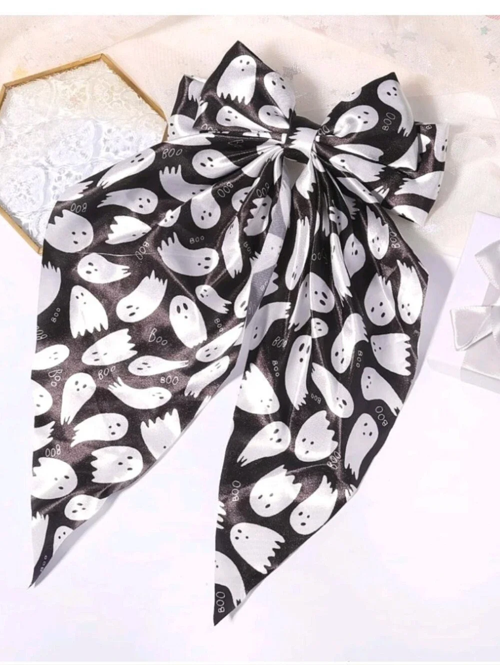 Ghost Print Halloween Hair Bow - Black and White